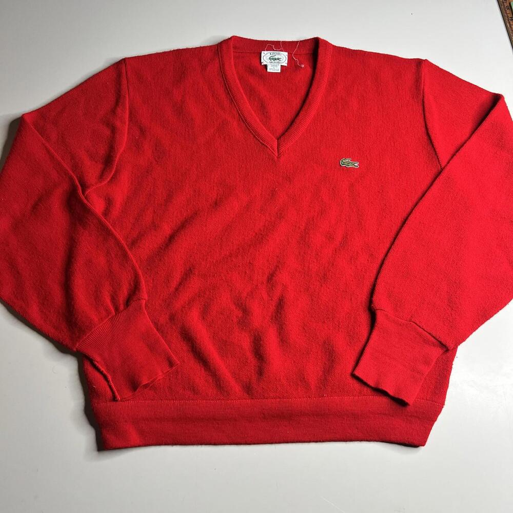 Vintage Izod Lacoste Sweater Mens Large Red V-Neck Knit Acrylic USA 80s